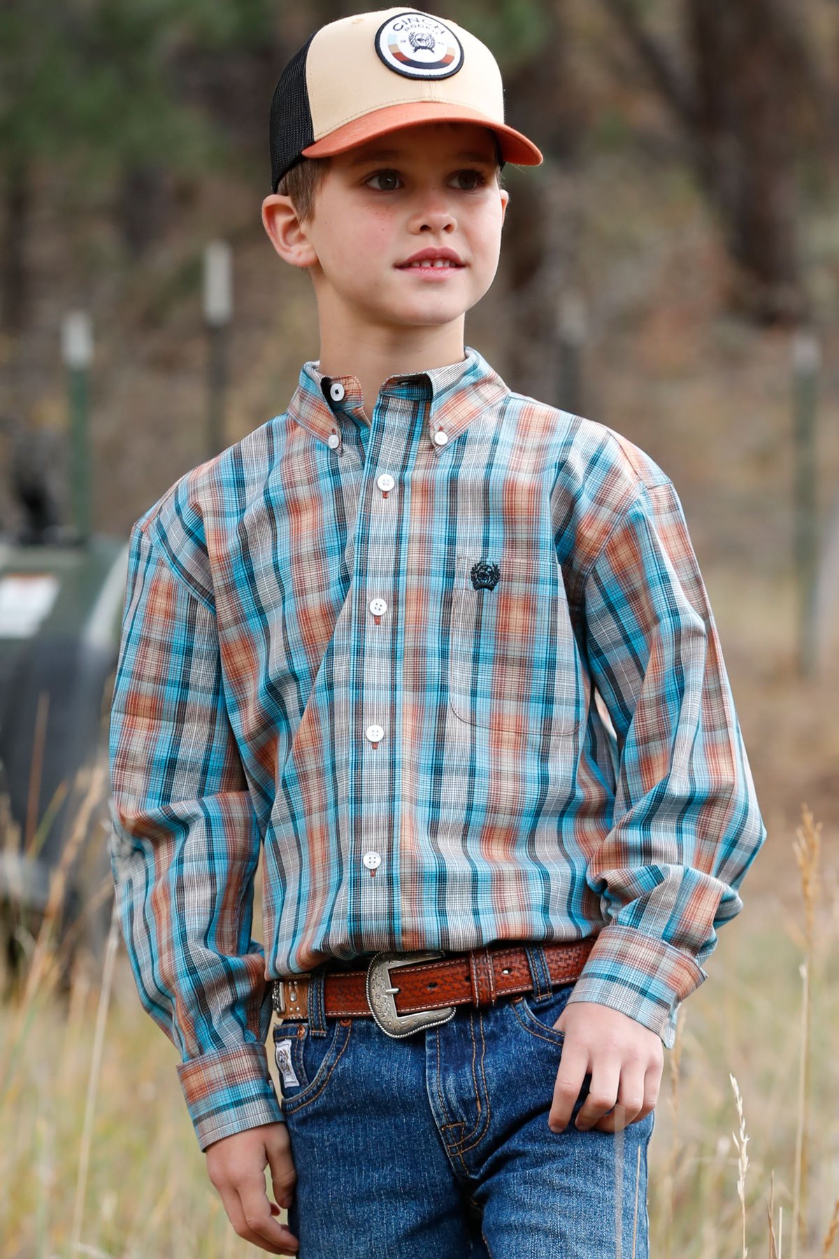 Boy's Cinch Plaid Long Sleeve Button-Down Shirt 