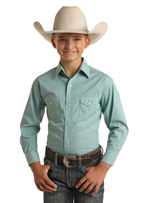 Boy s Panhandle Green Micro Stripe Pearl Snap Shirt Oklahoma s