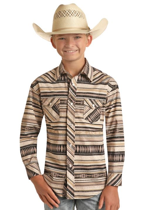 Boy's Rock & Roll Taupe Serape Stripe Pearl Snap Shirt