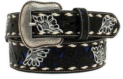 Men's Nocona Black & White Floral Tooled Blue Inlay Belt