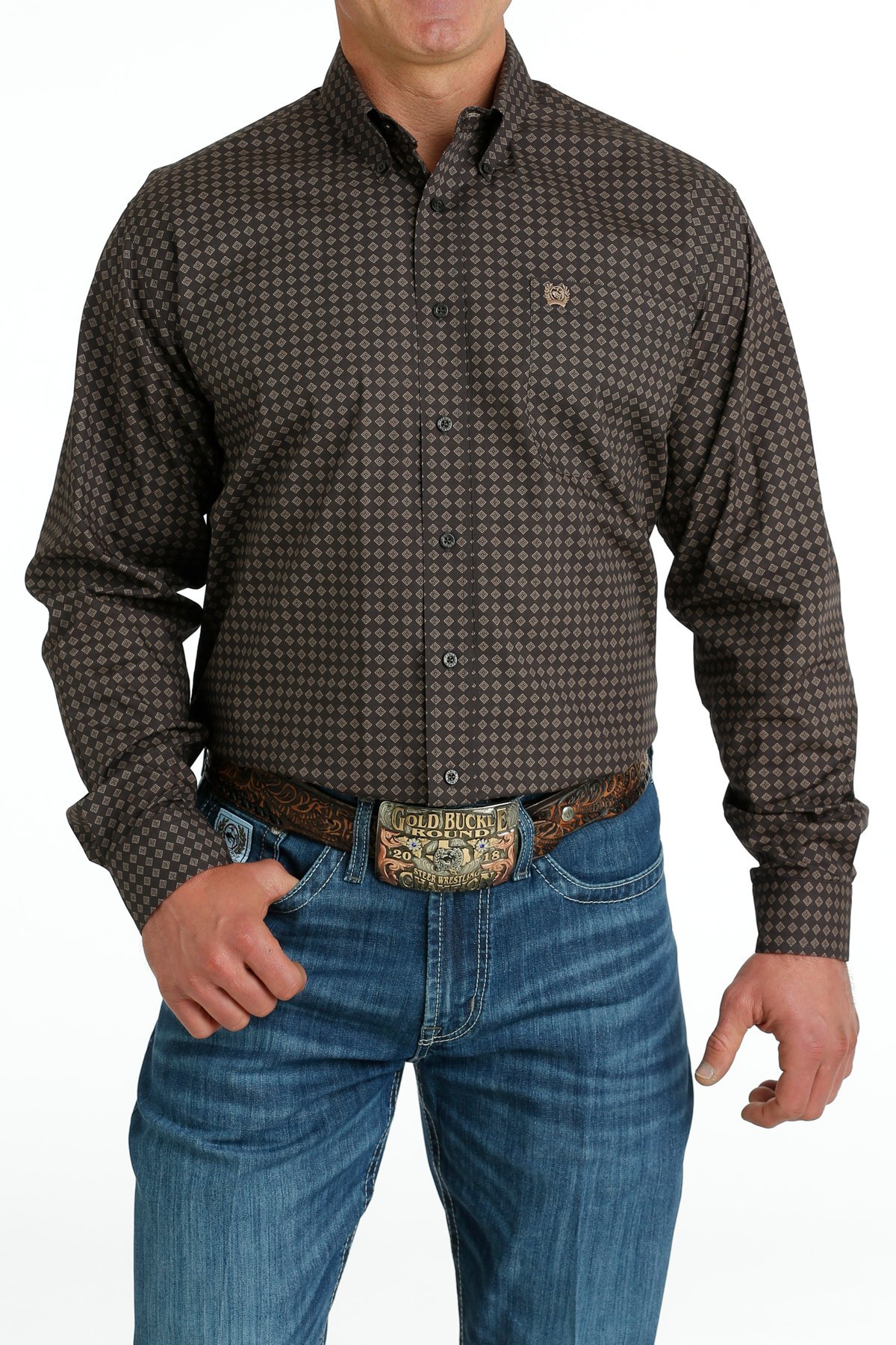 Men's Cinch Brown Diamond Print Button Down Western Shirt 
