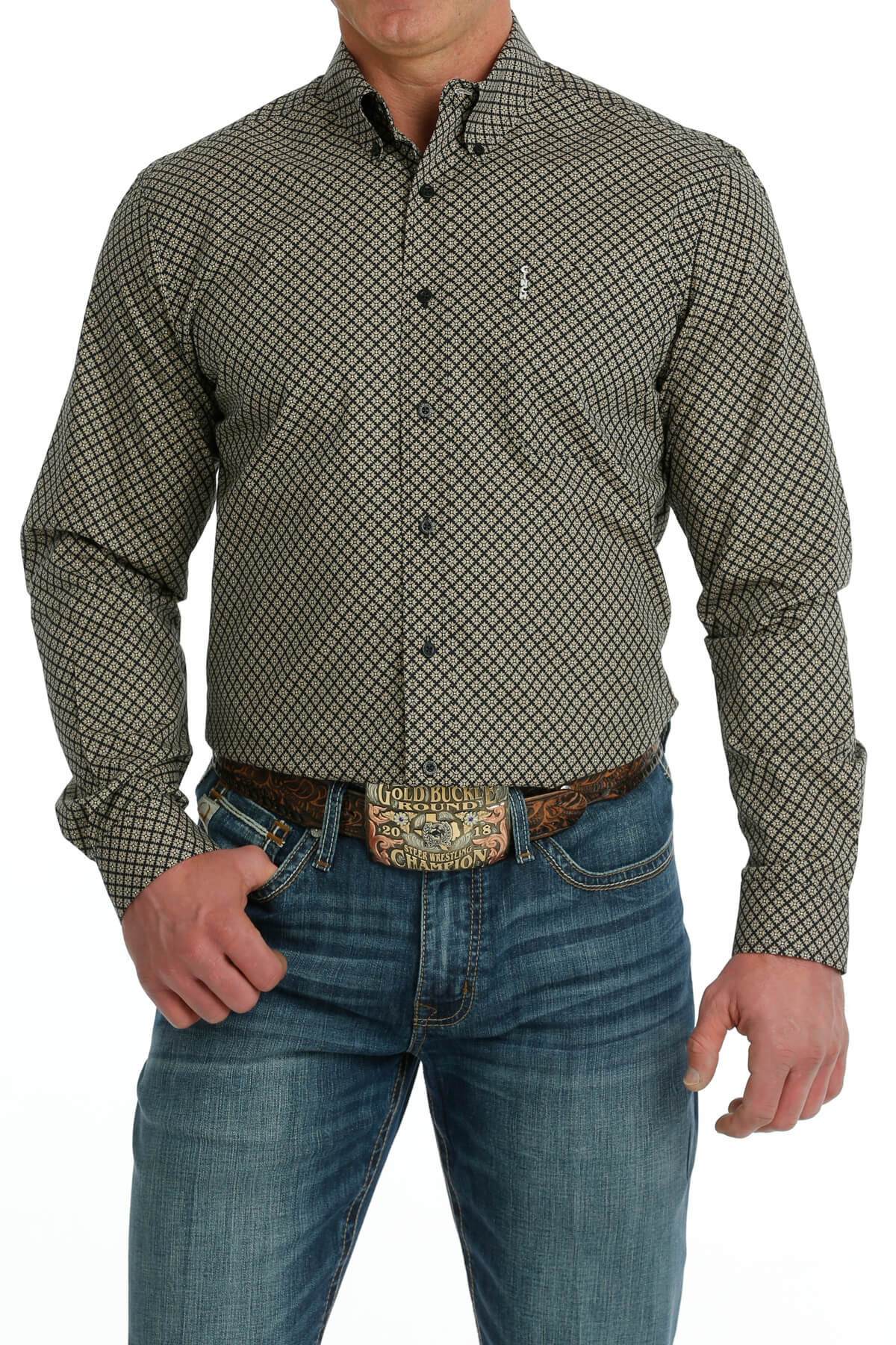 スーパーセール 半額 Men's Cinch Modern Fit Black & Khaki Geometric Print Shirt トップス