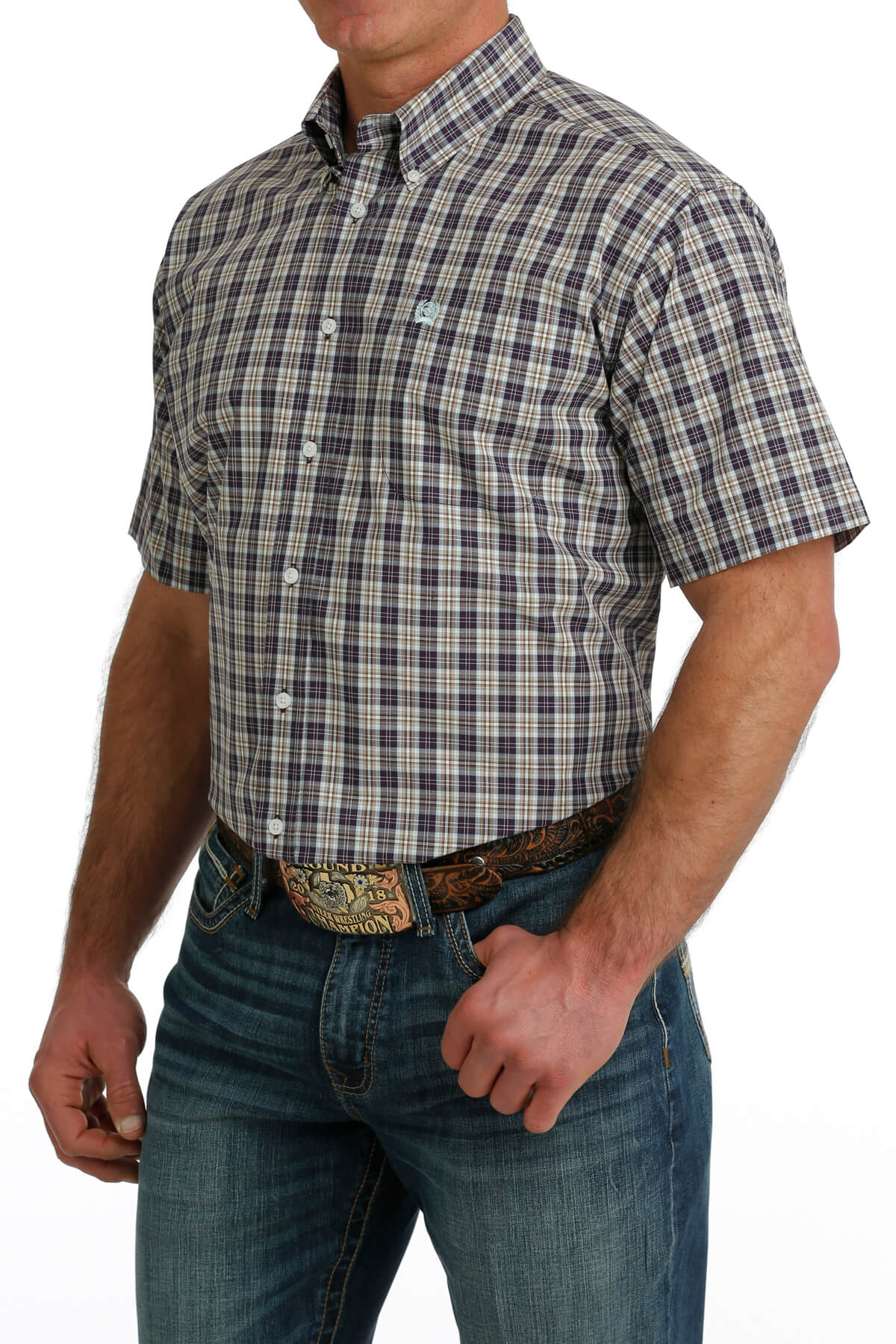 Men's Cinch Purple, Brown, & Blue Plaid Short Sleeve Shirt
