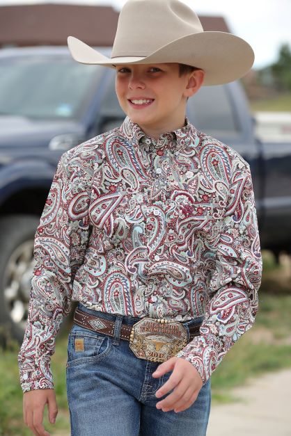 Men s Cinch Red Brown Turquoise Paisley Long Sleeve