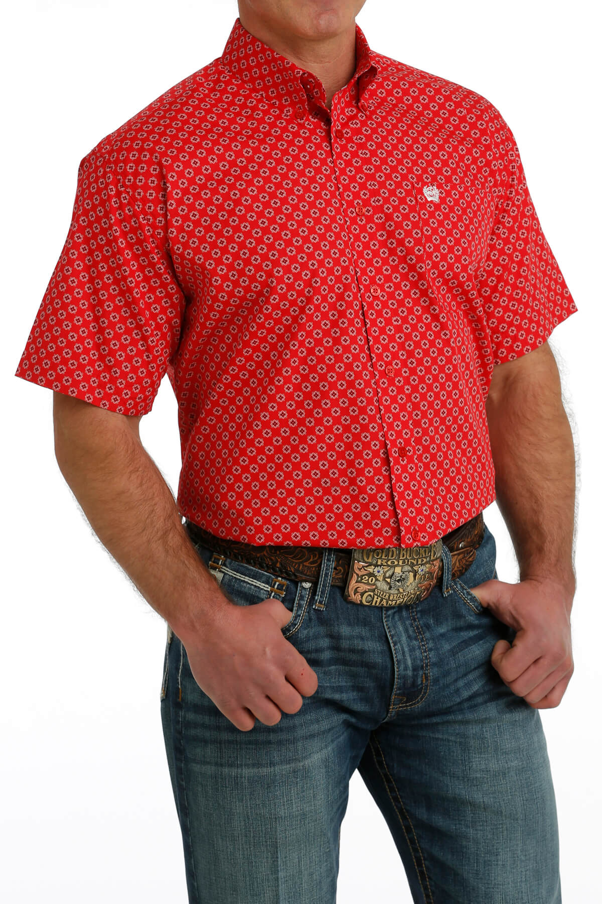 Men s Cinch Red Medallion Printed Short Sleeve Button Down Shirt