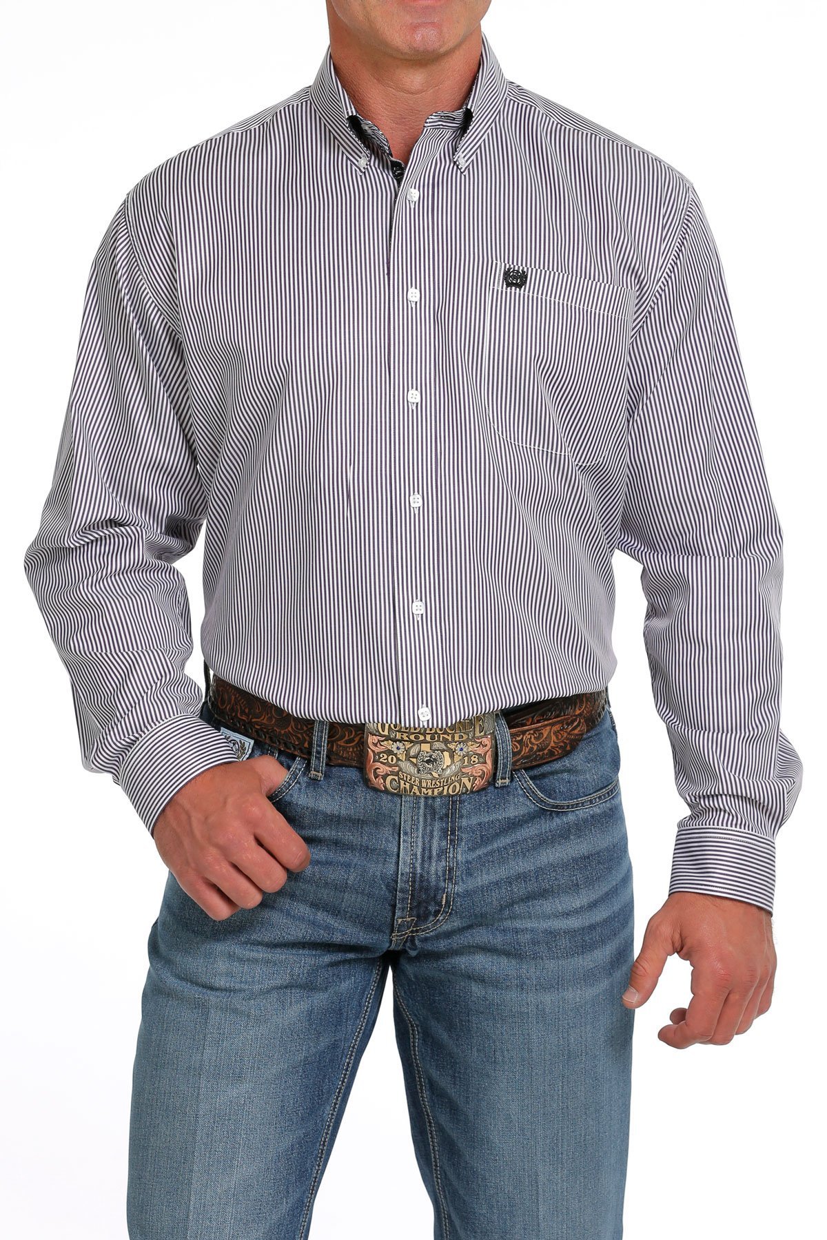Men's Cinch White & Purple Stripe Tencel Button Down Western Shirt 