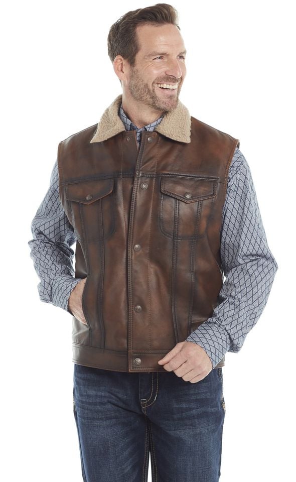 Men s Cripple Creek Sherpa Lined Brown Leather Vest