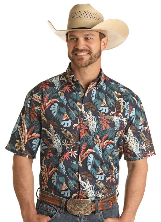 Men's Panhandle Rough Stock Tropical Navy Button Down Was $44.95