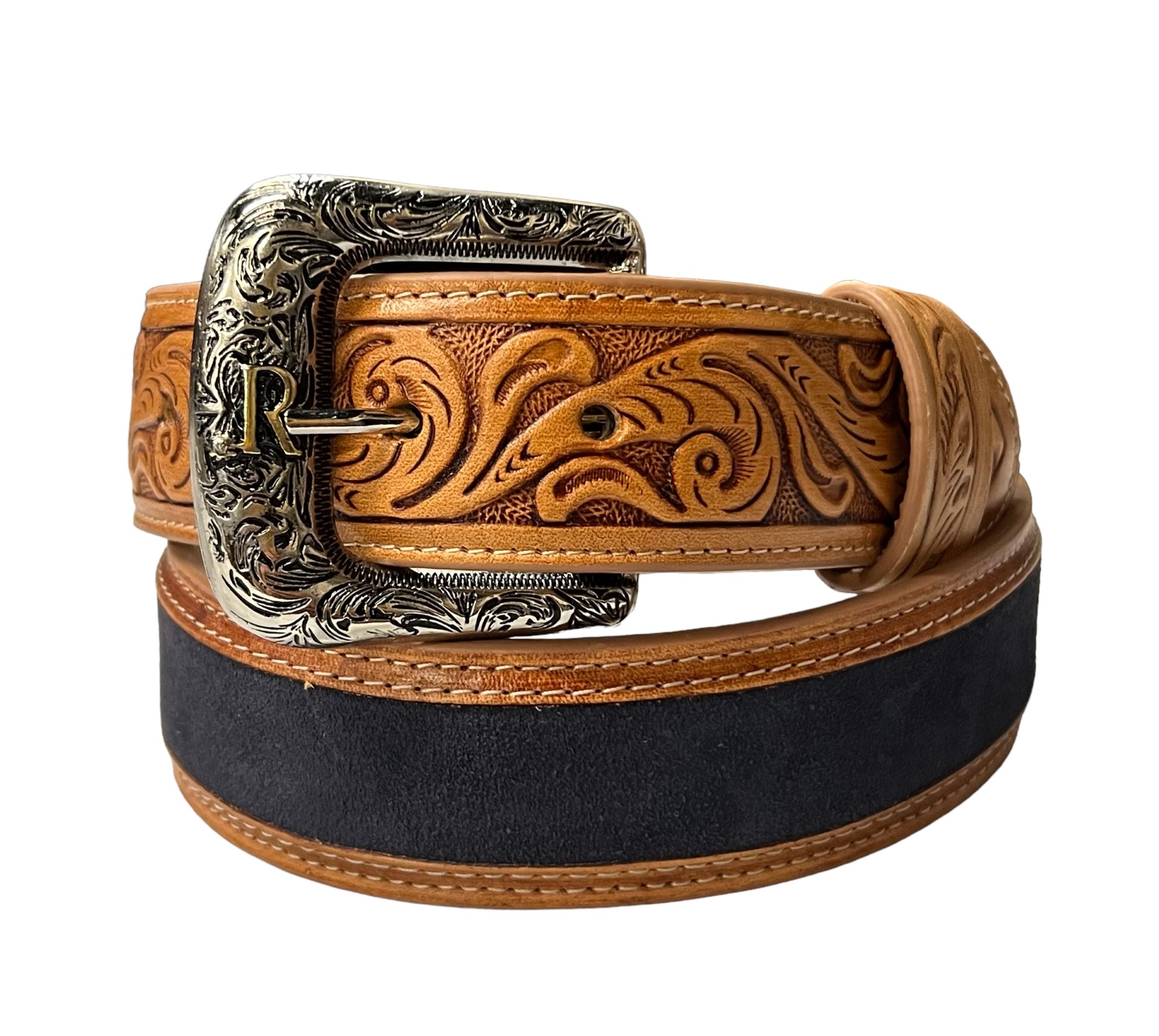 Men s R. Watson Natural Tanned Billets Navy Suede Belt Oklahoma s Premier Western Clothing Store