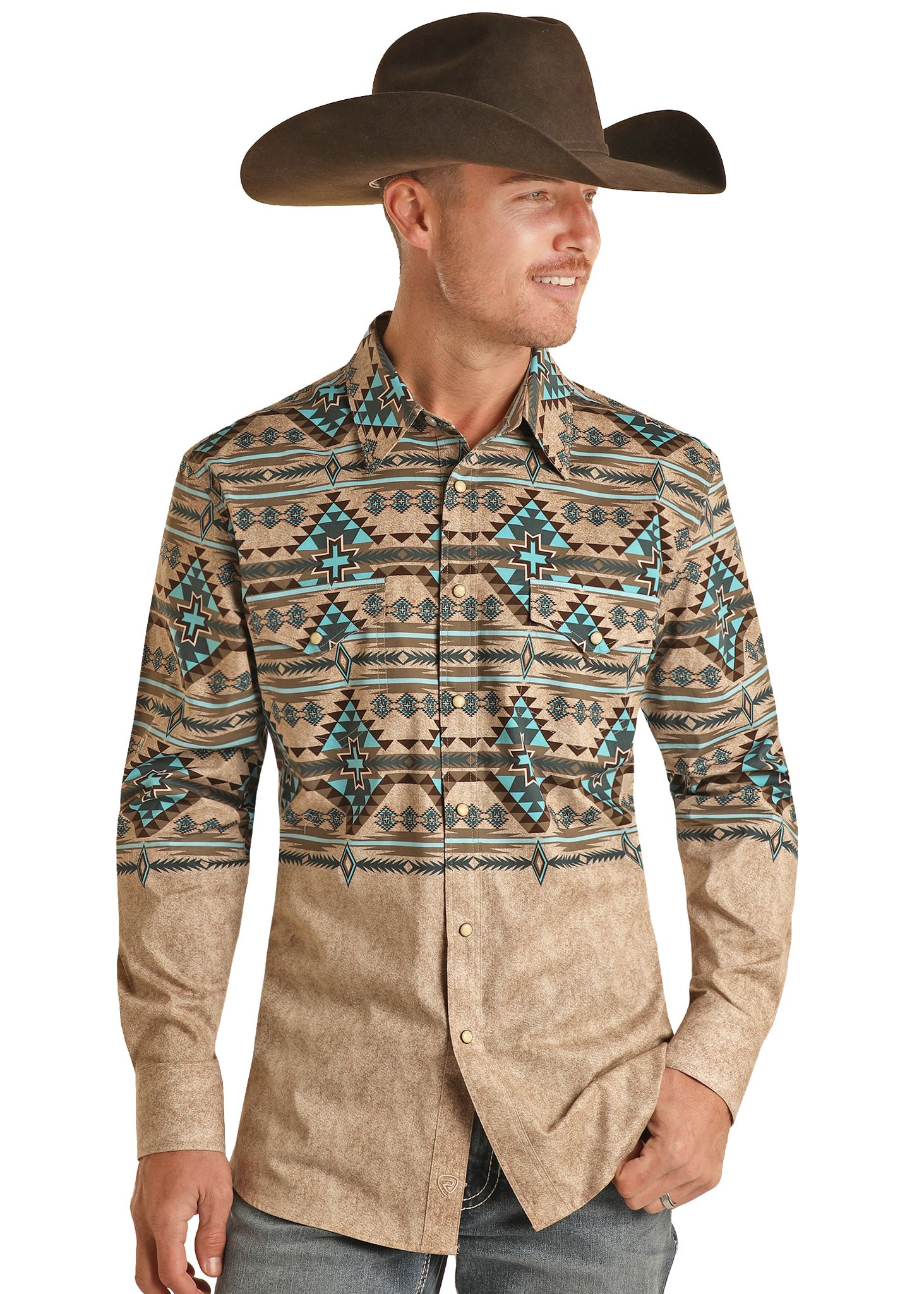 Men's Rock & Roll Modern Fit Aztec Border Long Sleeve Snap Shirt Was $69.95