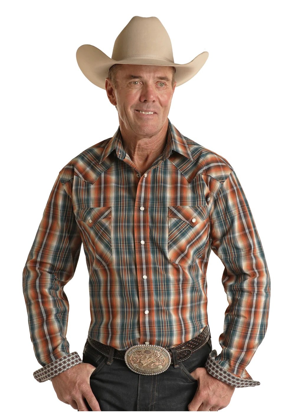 Men s Rock Roll Rust Plaid Pearl Snap Shirt Oklahoma s Premier Western Clothing Store