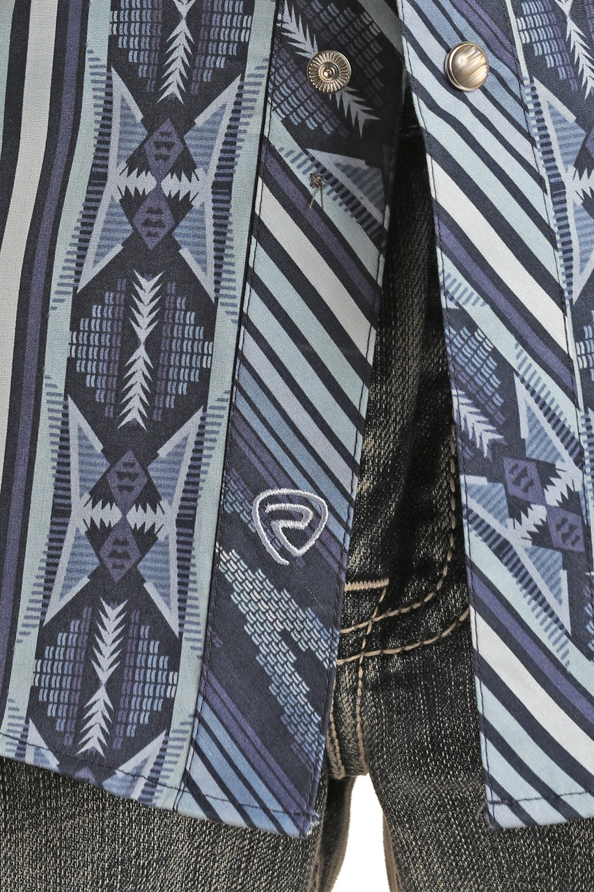 Men s Rock Roll Slim Fit Blue Aztec Pearl Snap Shirt Oklahoma s Premier Western Clothing Store