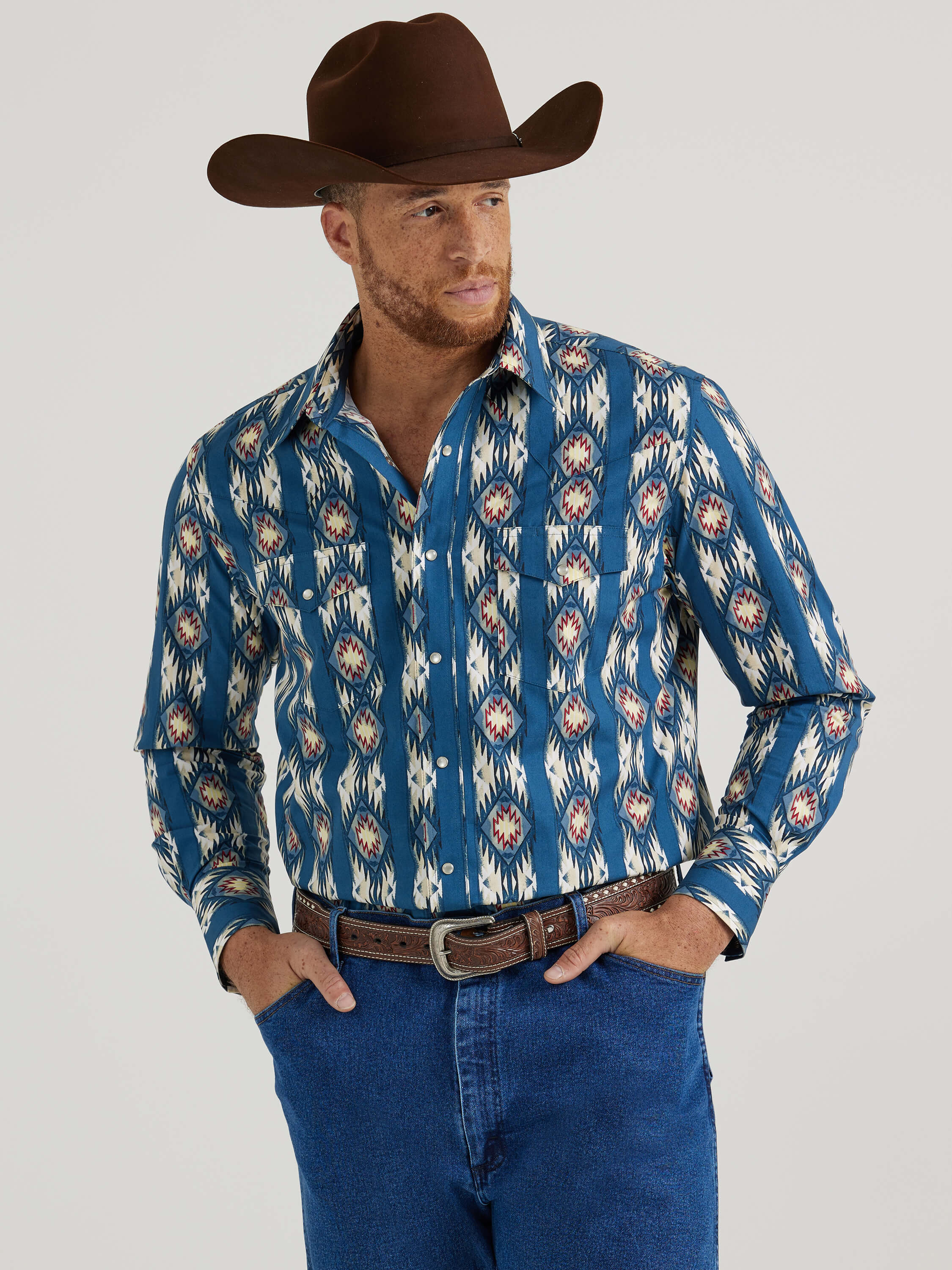 Men's Wrangler Deep Turquoise Checotah Pearl Snap Long Sleeve