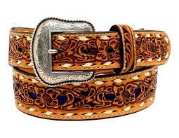 Men's Nocona Floral Tooled Blue Inlay & White Lace Belt