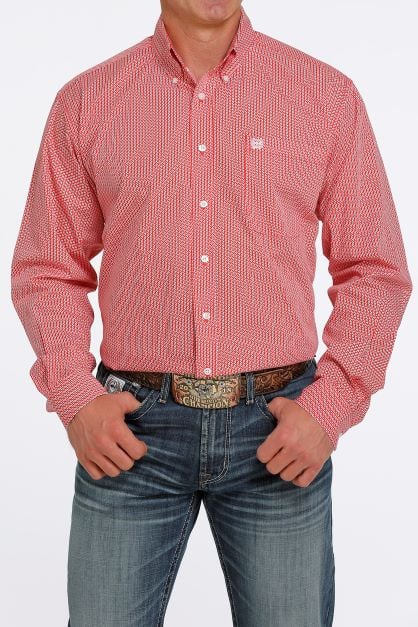 Men's Cinch Red & White Geo Print Button Down Shirt