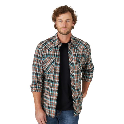 Men s Wrangler Retro Brown Green Plaid Pearl Snap Shirt
