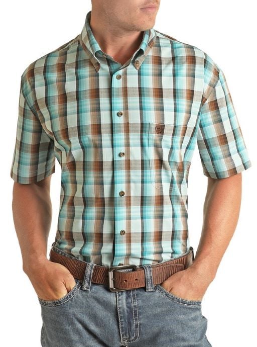 Men's Rock & Roll Teal Plaid Short Sleeve Button Down Was $54.95