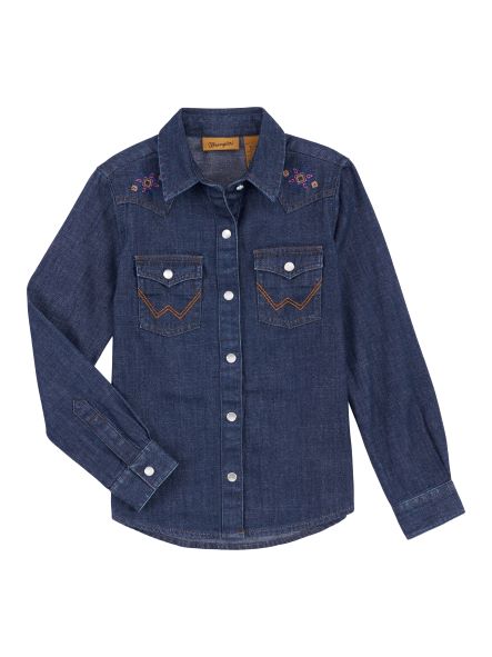Girl's Wrangler Floral Embroidered Denim Pearl Snap Shirt Was $26.95