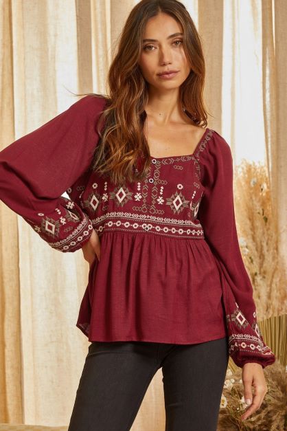 Women's Andree Brick Embroidered Aztec Top | Oklahoma's Premier