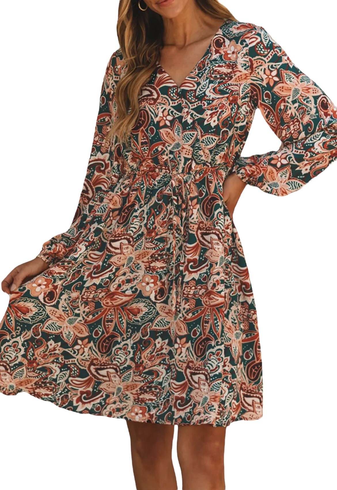 Women's Brown Geometric Print Long Sleeve Surplice Flowy Dress