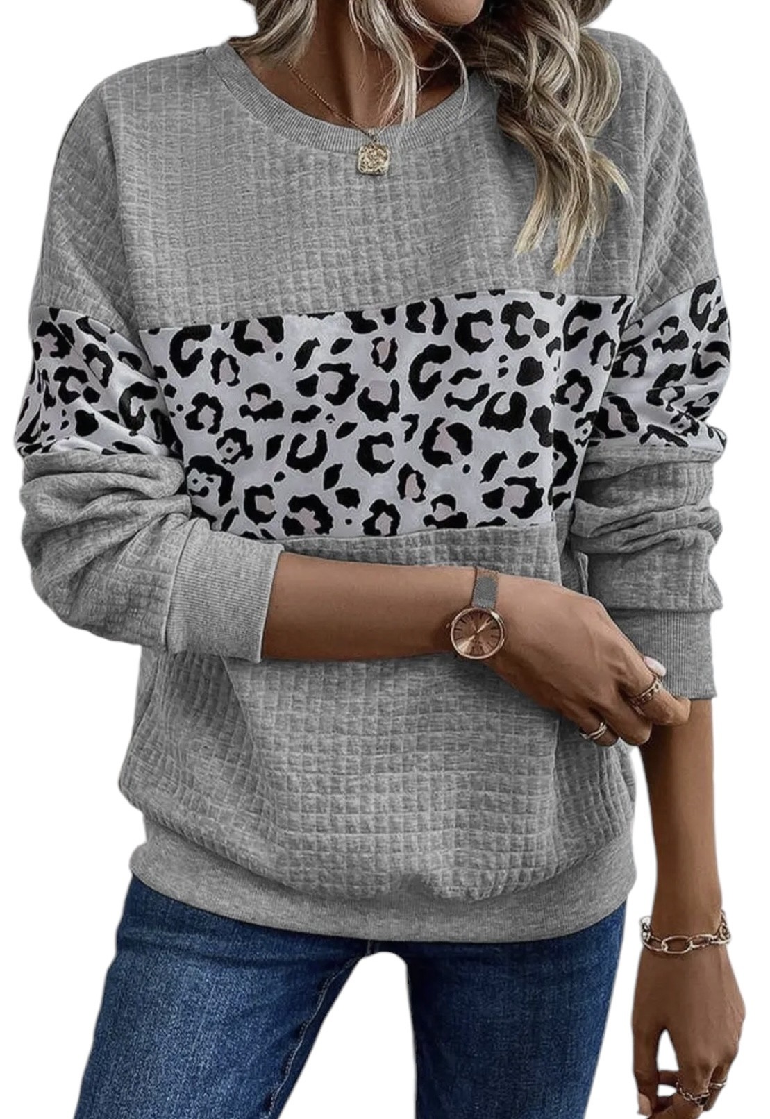 Women s Gray Leopard Colorblock Quilted Sweatshirt Oklahoma s Premier Western Clothing Store