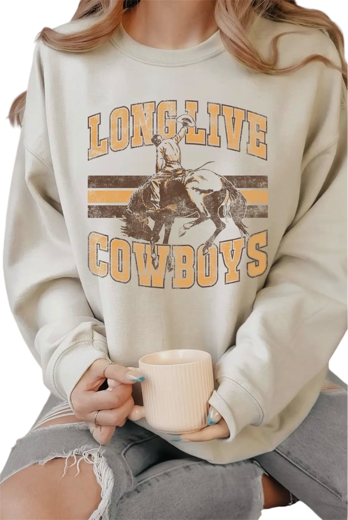 Women s Oat Long Live Cowboys Crewneck Sweater Oklahoma s Premier Western Clothing Store