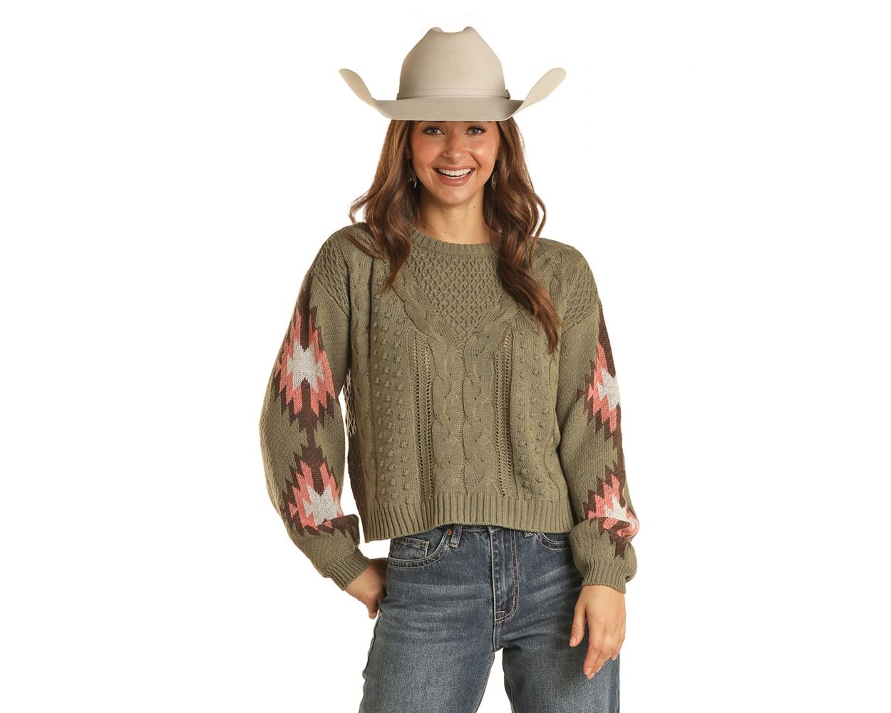 Women s Rock Roll Olive Sweater With Aztec On The Sleeve