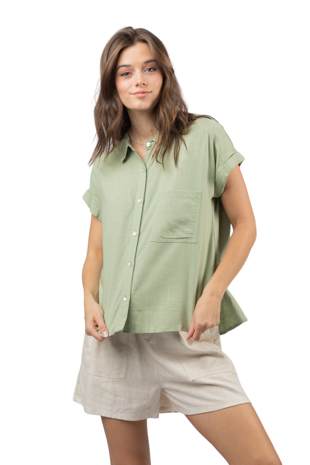 Women's Sage Linen Button Down Shirt Top 
